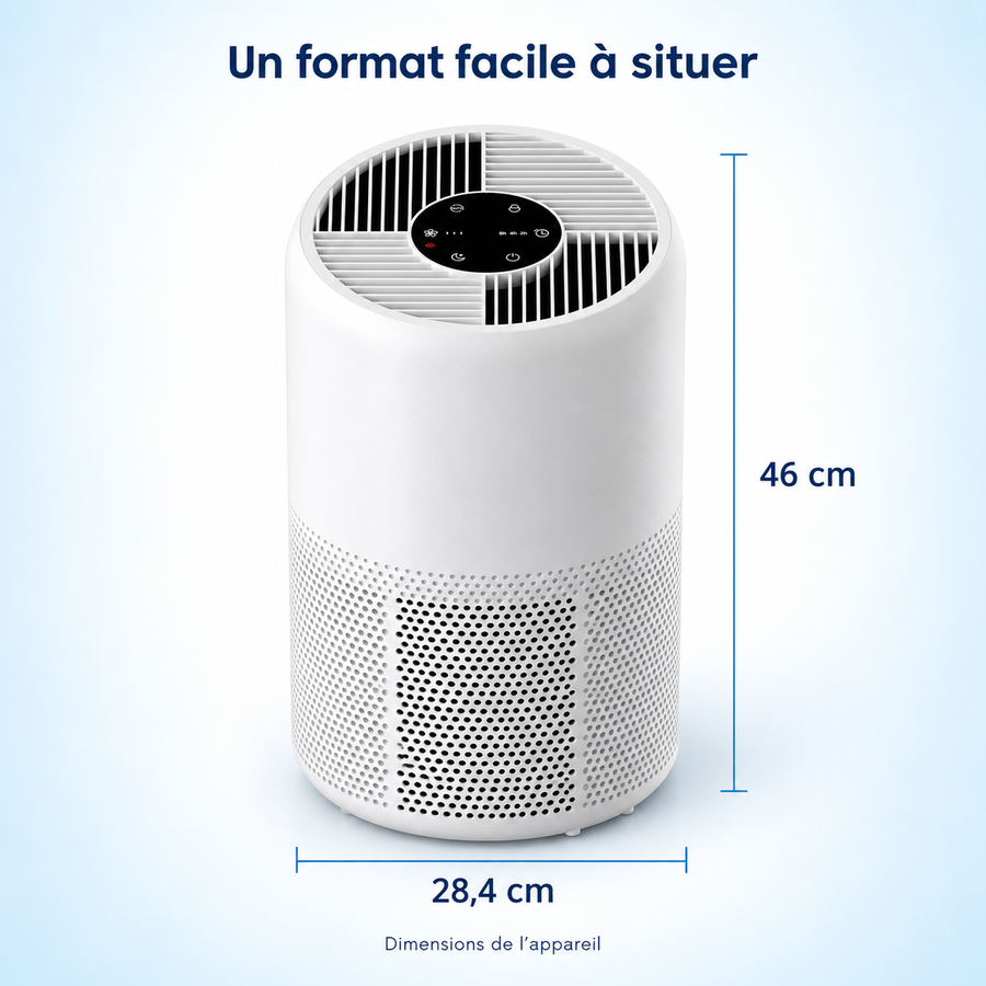 Illustration du purificateur d’air avec ses dimensions : hauteur 46 cm et diamètre 28,4 cm.
