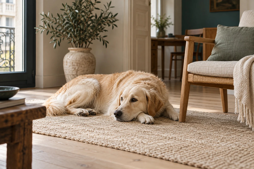 Un chien allongé sur un tapis, près d’un fauteuil en bois dans un salon lumineux.