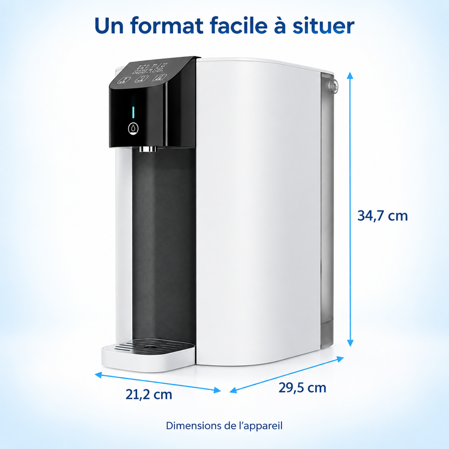 Illustration de l’osmoseur de comptoir avec ses dimensions : largeur 21,2 cm, profondeur 29,5 cm et hauteur 34,7 cm.