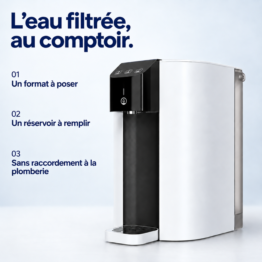 Repères illustrés de l’osmoseur : format à poser, réservoir à remplir et installation sans raccordement à la plomberie.